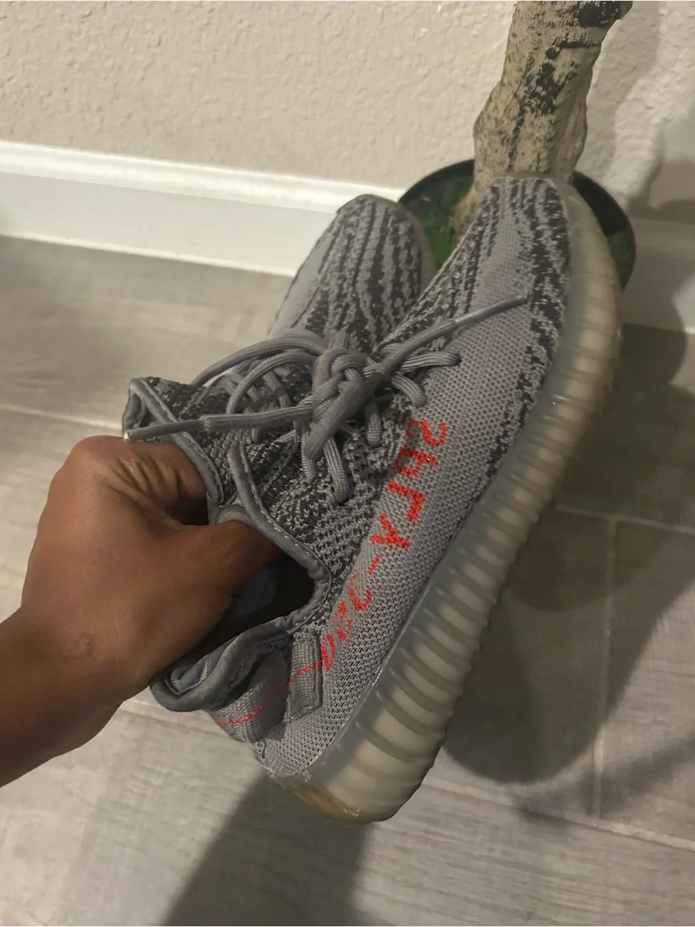 Yeezy Kids Grey Knit Sneakers with Subtle Red Accent